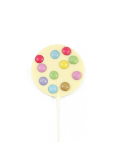 Sucette chocolat blanc pépites chocolatées 23g.