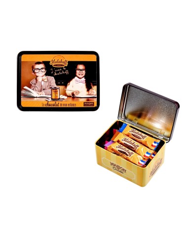 15 Mini Barres Chocolats Mélangés dans Boite Métal 112g. Tableau